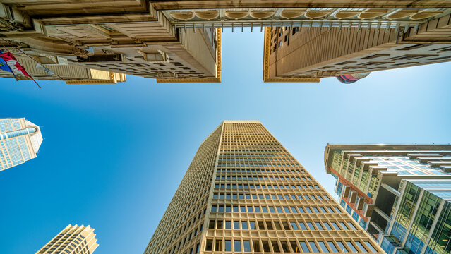 Skyscrapers of Downtown Calgary from the city streets on a sunny day, Alberta - Canada