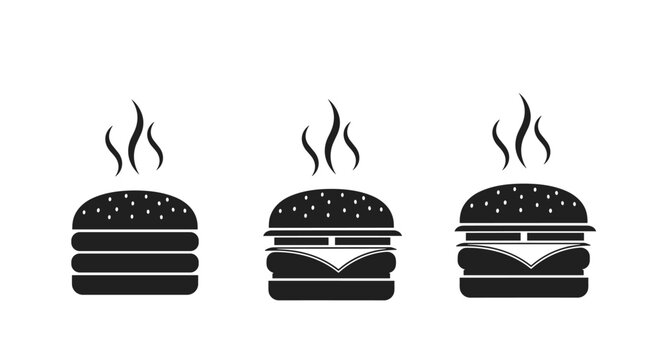 Set of three black silhouettes of delicious hamburgers with steam rising from them, showing different layers and ingredients.