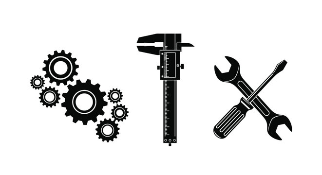 Set of black and white icons representing engineering and repair with gears, a vernier caliper, and crossed hand tools.