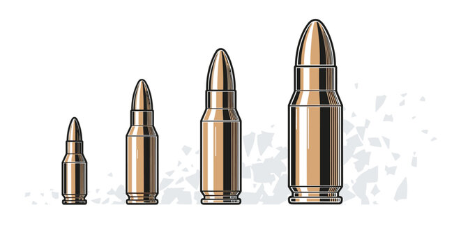 Row of four different sizes of metallic bullets arranged from smallest to largest with stylized gray debris patterns in the background.