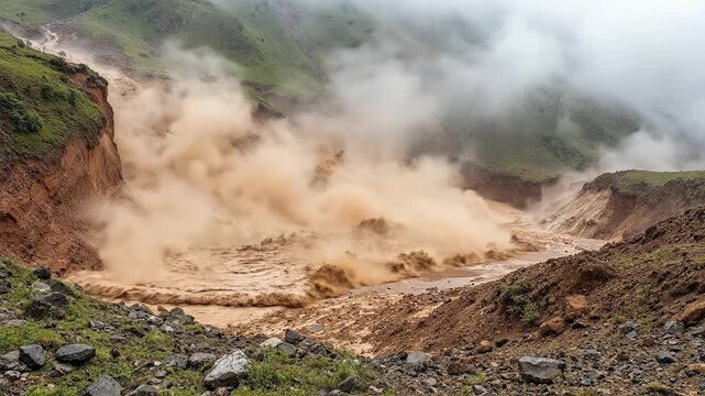 Mudslide in a mountainous area as debris and water rush down a valley.