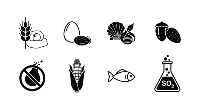 Collection of eight black silhouette icons representing common food allergens like eggs, wheat, nuts, shellfish, and soy.