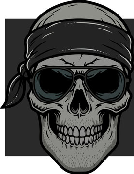 Grayscale skull wearing a bandana and aviator sunglasses vector illustration.