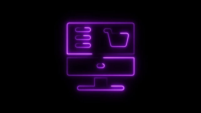 Purple neon computer icon with shopping cart and list