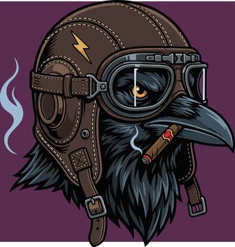 Illustration of a cool raven wearing a vintage leather pilot helmet and goggles while smoking a cigar.