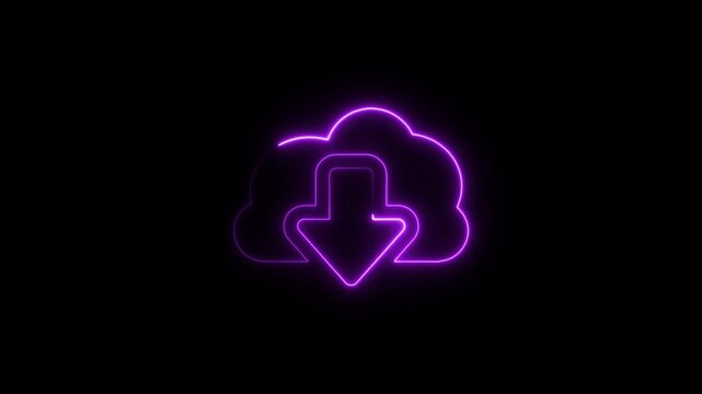 Violet neon cloud download icon on black background