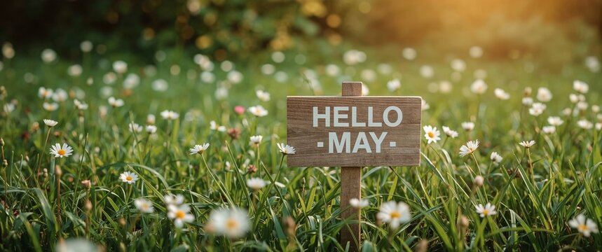 Hello May wooden sign in a field of blooming white daisies 