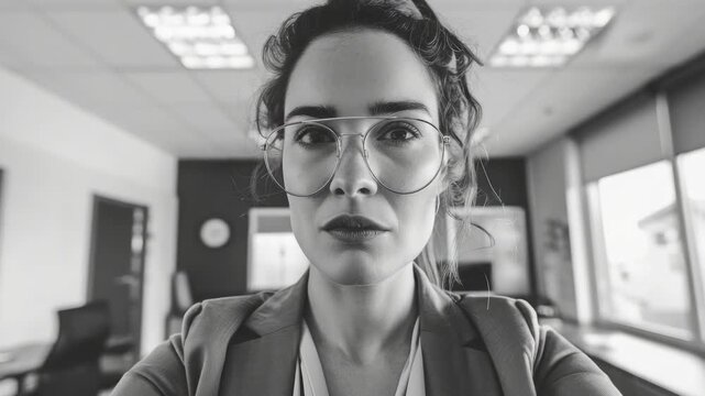 Black-and-white office portrait of a woman. She wears glasses and a blazer. Focused gaze meets the camera directly. Neutral expression conveys professionalism