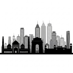 Obraz premium A black and gray vector graphic illustration of a city skyline with modern and historic buildings