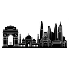 Obraz premium A black and white vector graphic illustration of the New Delhi skyline, featuring iconic landmarks like the Gateway of India and modern skyscrapers.