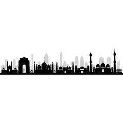 Obraz premium A black and gray silhouette of a city skyline with mosques and temples
