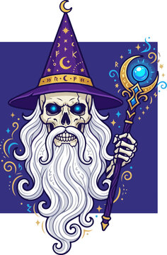 Illustration of a mystical skeleton wizard with a glowing magic staff.