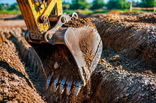 Close-up of a yellow excavator bucket digging a trench in the dirt. Heavy machinery working on an outdoor construction site. Earthmoving and excavation industry concept