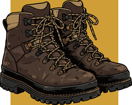 Illustration of a pair of brown leather hiking boots for outdoor adventures.
