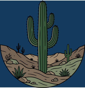 Illustration of a saguaro cactus in the desert landscape.
