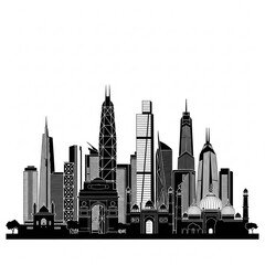 Fototapeta premium A black and white vector graphic illustration of a city skyline with modern skyscrapers and historic buildings