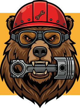 Illustration of a tough bear mechanic wearing a helmet and holding a piston.
