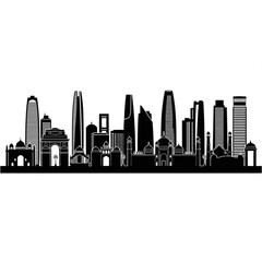 Obraz premium A black and white vector graphic illustration of a city skyline with modern and traditional buildings
