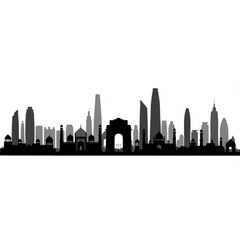 Obraz premium A black and gray silhouette of a city skyline with various buildings and structures