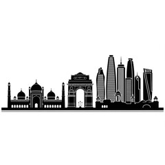 Obraz premium A black and white vector graphic illustration of the New Delhi skyline, featuring iconic landmarks like the Qutub Minar, Humayun's Tomb, India Gate, and modern skyscrapers.