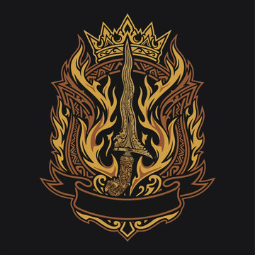 Indonesian Keris Dagger Illustration with Flaming Crown and Tribal Ornament.