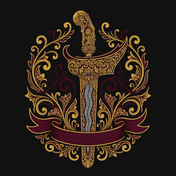 Indonesian Kris Dagger Illustration with Ornamental Floral Frame and Ribbon.