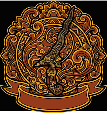 Indonesian Traditional Kris Dagger Emblem with Ornate Decorative Patterns.