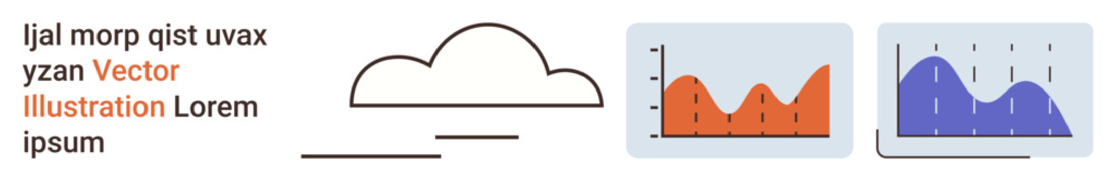 Data analysis, forecasting, information design, cloud services, digital trends, business reports. Cloud outline and two graph charts in orange and blue. Data analysis and forecasting concept