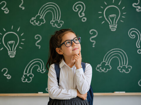 A thoughtful young girl in glasses stands in front of a chalkboard with drawings of question marks, rainbows, and lightbulbs, suggesting curiosity and imagination.
