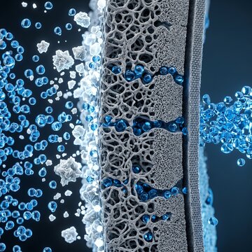 Detailed 3D Illustration Of A Filtration Membrane With Blue Water Molecules Passing Through