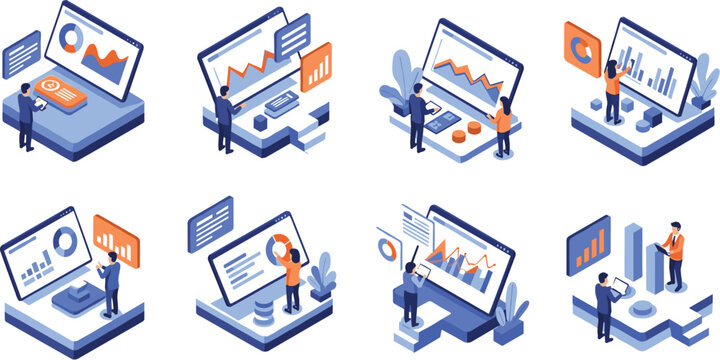Isometric business data analysis vector set with charts, reports, dashboards and team collaboration analytics illustration collection