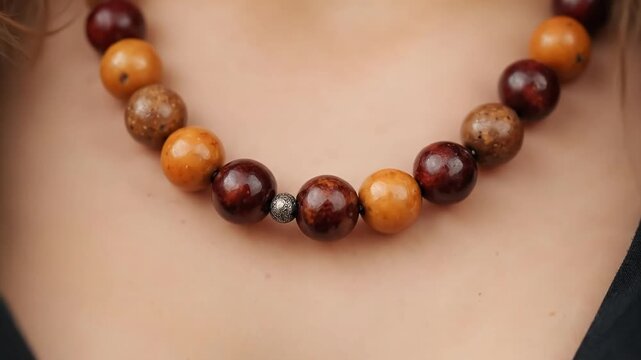 A close-up shot of a person wearing a chunky, wooden bead necklace.