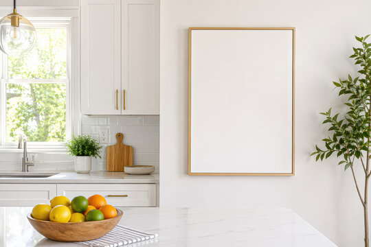 Modern kitchen with white cabinets, a fruit bowl on the counter, potted plants, and a blank gold-framed picture on the wall.