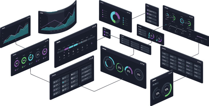 Isometric dark analytics dashboard network vector with connected data panels, charts, graphs and business intelligence interface design