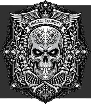 Intricate Memento Mori Skull Illustration with Ornamental Gothic Details.