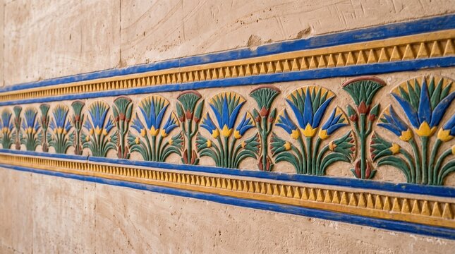 Ornate egyptian style colorful bas relief floral wall carving with egyptian sculpture ornament artistic architecture