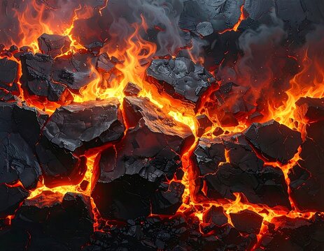 Close-up of intensely hot lava flowing through broken, charred, and darkened rocky terrain, with billowing smoke and radiant flames