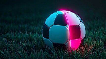 Fototapeta premium Isekai Anime Style Glowing Soccer Ball on Grass with Bioluminescent Split, Minimal Fantasy Sports Background