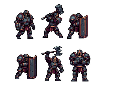 pixel art character spritesheet of a massive heavy armor juggernaut using a war hammer, giant axe, and tower shield defensively.