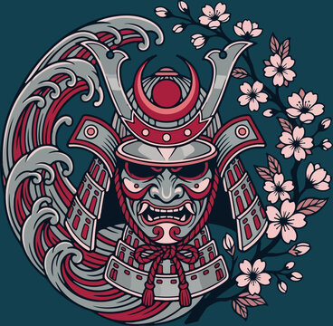 Japanese Samurai Warrior Illustration with Cherry Blossoms and Waves.