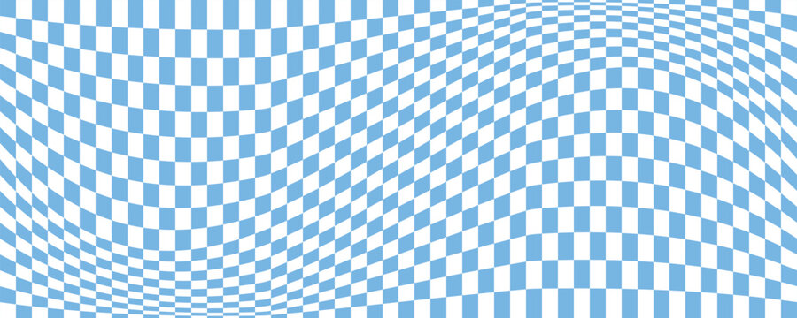 Psychedelic Blue and White Warped Checkerboard Background. Y2K Psychedelic Warped Blue Checkerboard	