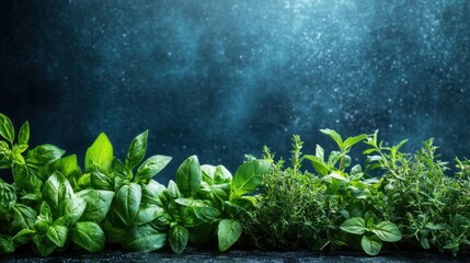 Fototapeta premium Fresh herbs, vibrant greens, dark background, culinary display, stock photo