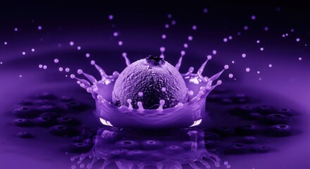 Dynamic highspeed shot of a purple ice cream scoop with a blueberry creating a crown splash and droplets