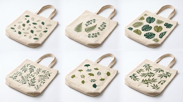 Eco-Friendly Tote Bags Collection: Showcase of stylish, reusable tote bags featuring nature-inspired leaf designs, blending functionality with an eco-conscious ethos for sustainable living.