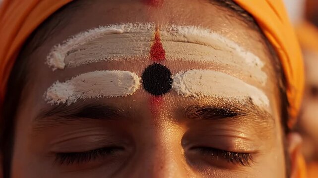 Close-up of a Hindu Pilgrim's Forehead with Sandalwood Chandan Tilak and Black Bukat Dot for Ashadhi Ekadashi Festival, Spiritual Indian Tradition
