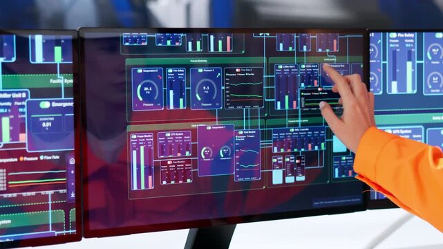 Engineer Carefully Monitors Multiple Screens Controlling Power Plant