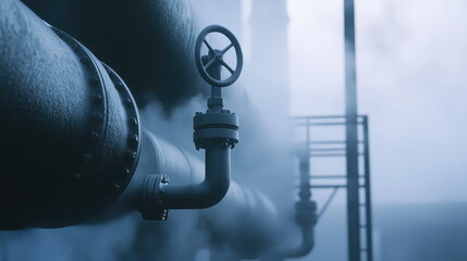 Naklejka premium Industrial facility featuring large pipes with a prominent valve, emitting steam and fog, highlighting themes of energy generation, manufacturing, and environmental impact