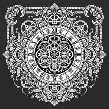 Steampunk clock mechanism with ornate vintage frame.