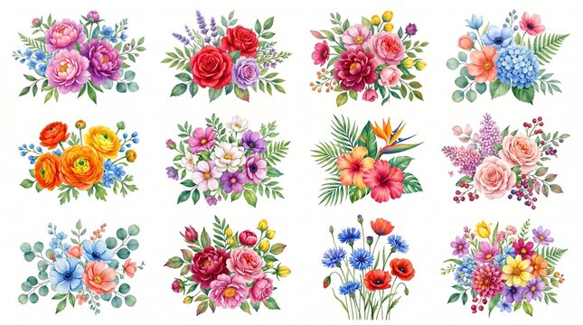 10 watercolor floral wreaths set, elegant blooming flower frames with blue hydrangea pink roses red poppies and anemone flowers, romantic botanical clipart bundle for wedding invitation designs art