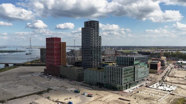 Aerial view of modern architecture and urban development in amsterdam